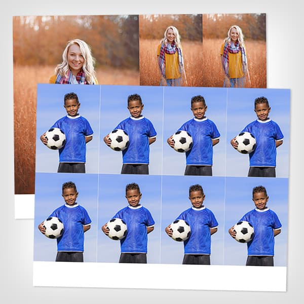 Image of 2 8x10 sheets of package prints, one with 8 wallets the other with a 5x7 and 4 wallets